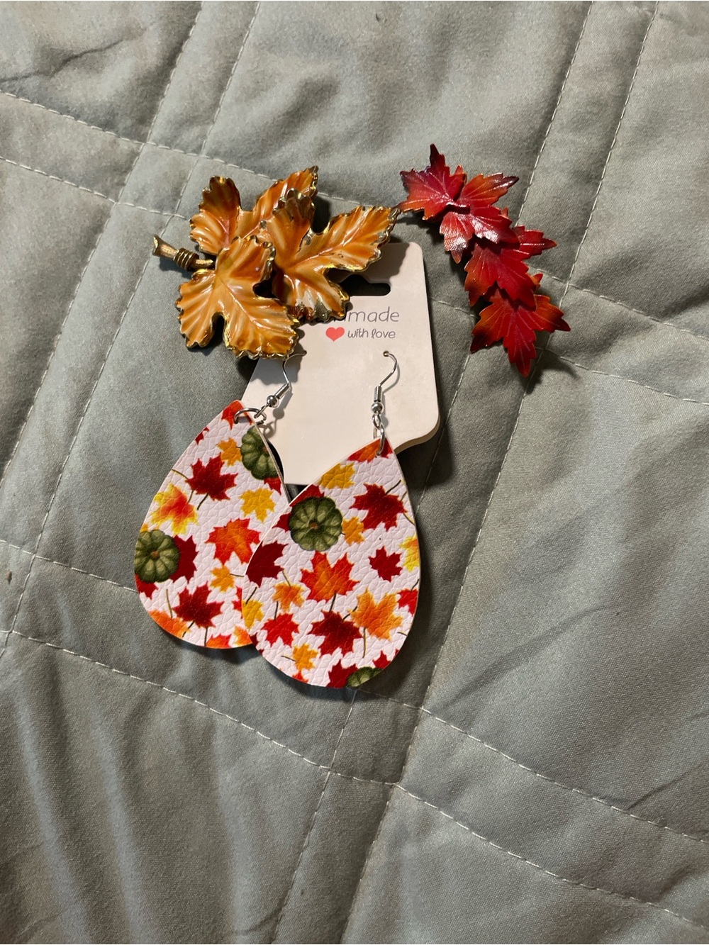 Handmade Autumn Leaf Teardrop Earrings - White, Red & Orange
